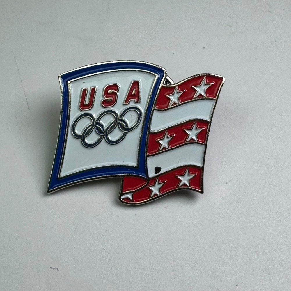 USA Olympic Rings Waving Flag Enamel Lapel Pin Badge by Aminco 1 inch Patriotic‎